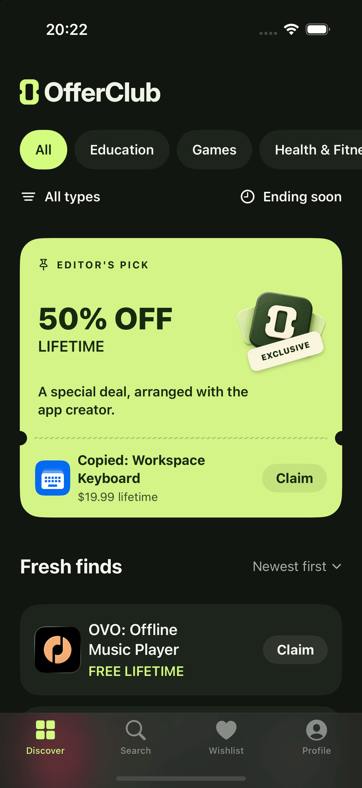 OfferClub Discover in dark mode, showing example app offers